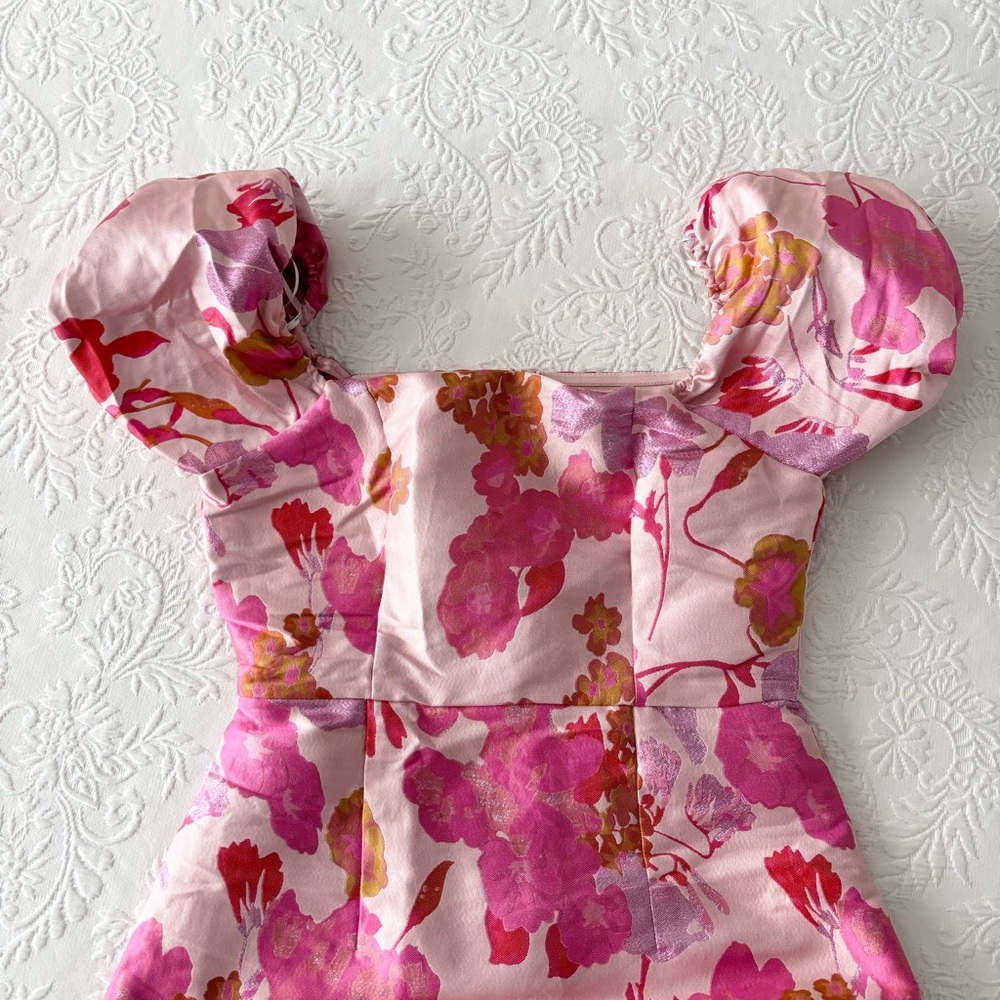 NWOT Lulus So Stunning Orange Multi Floral Jacquard Puff Sleeve Mini Dress - Picture 3 of 8